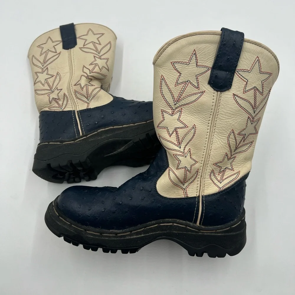 Cimarron Footwear Kids Western Cowboy Boots Navy‎ Ostrich Star Embroidery 3.5Y